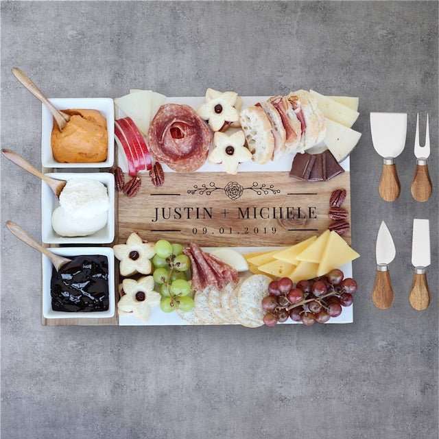 Personalized Acacia Wood & Marble Charcuterie Board Set | Embedded Designz