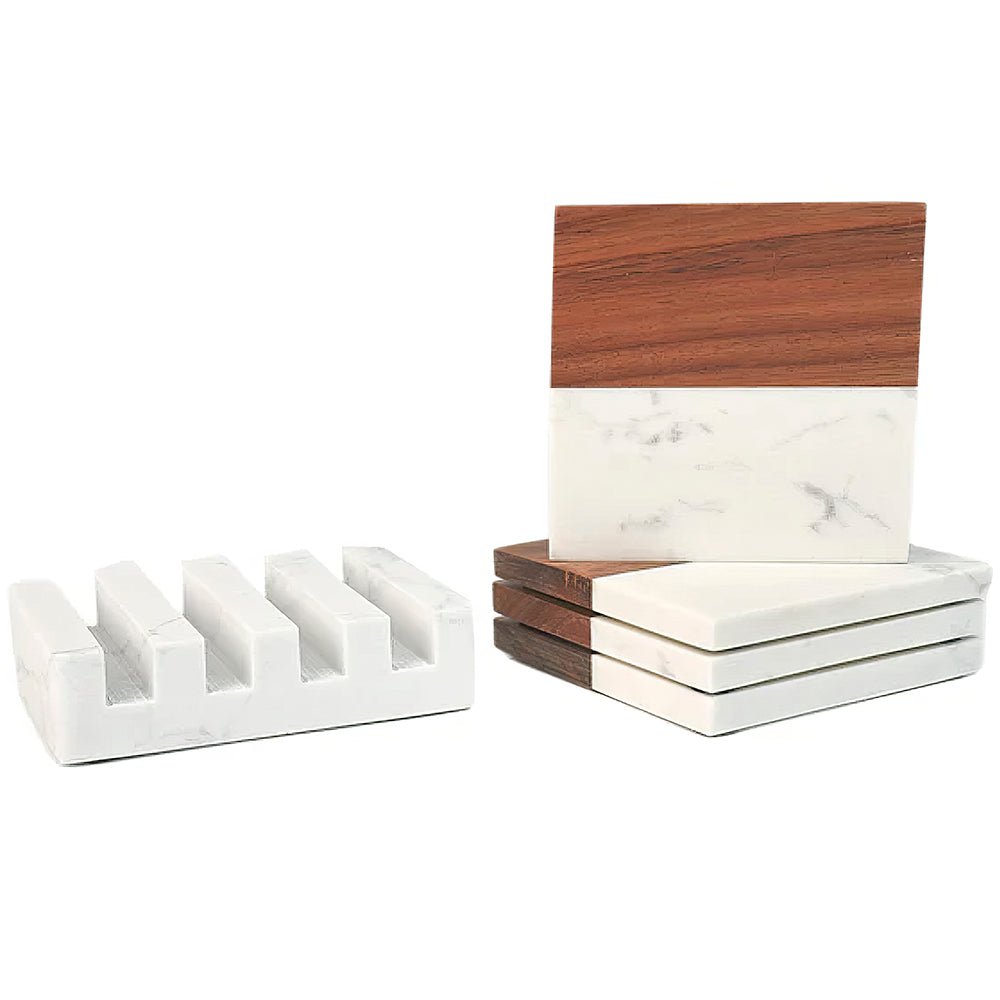 Personalized Acacia Wood & Marble Coaster Set | Embedded Designz