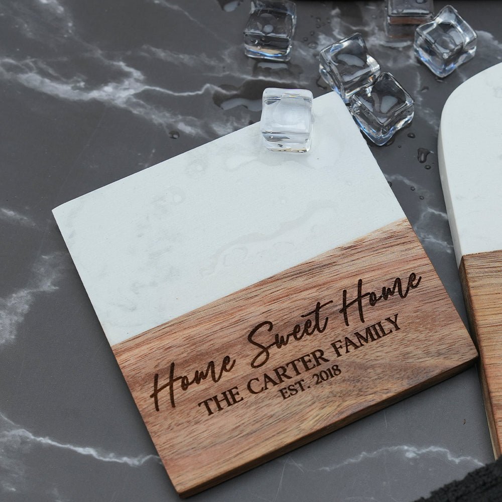 Personalized Acacia Wood & Marble Coaster Set | Embedded Designz