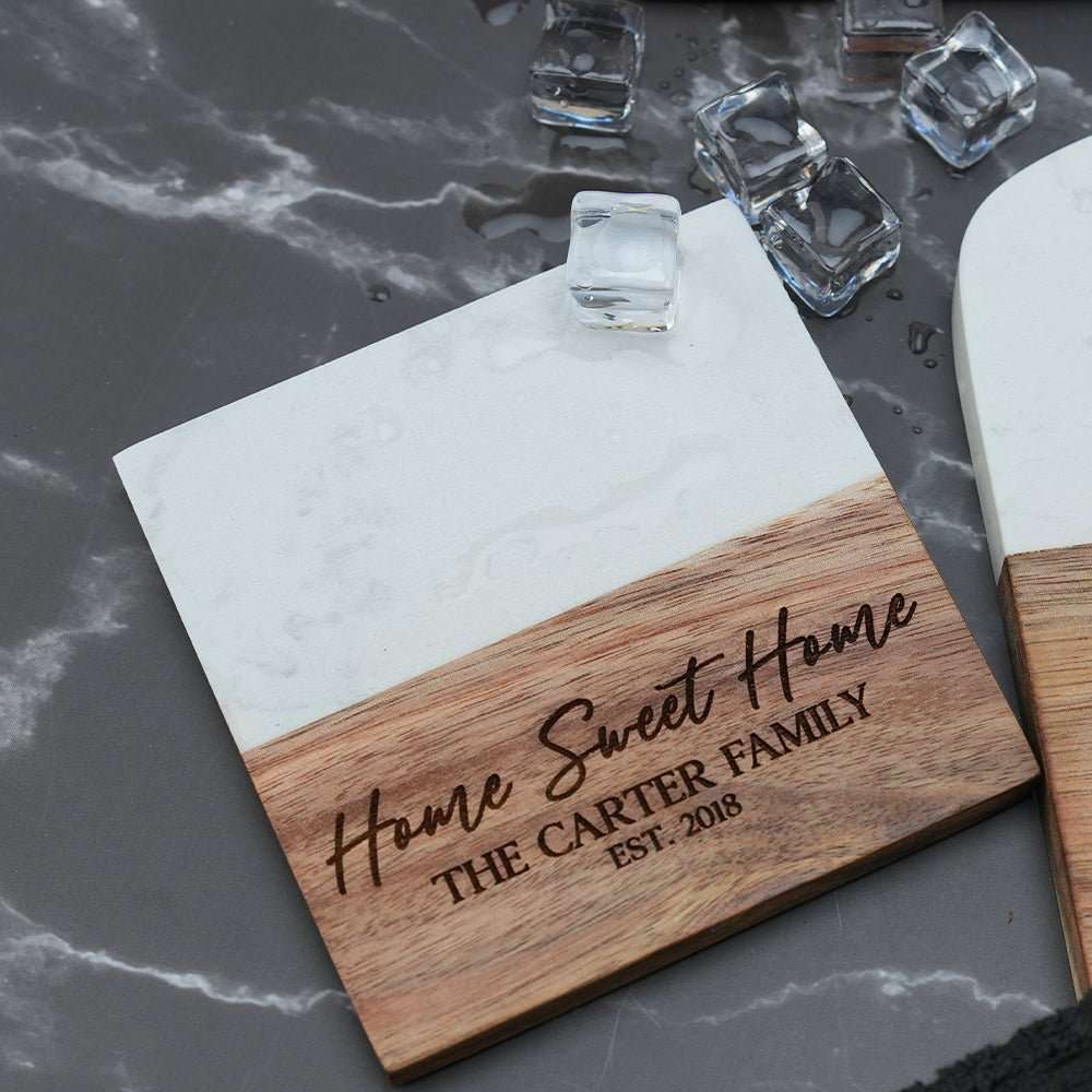 Personalized Acacia Wood & Marble Coaster Set | Embedded Designz