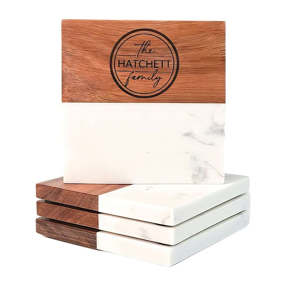 Personalized Acacia Wood & Marble Coaster Set | Embedded Designz