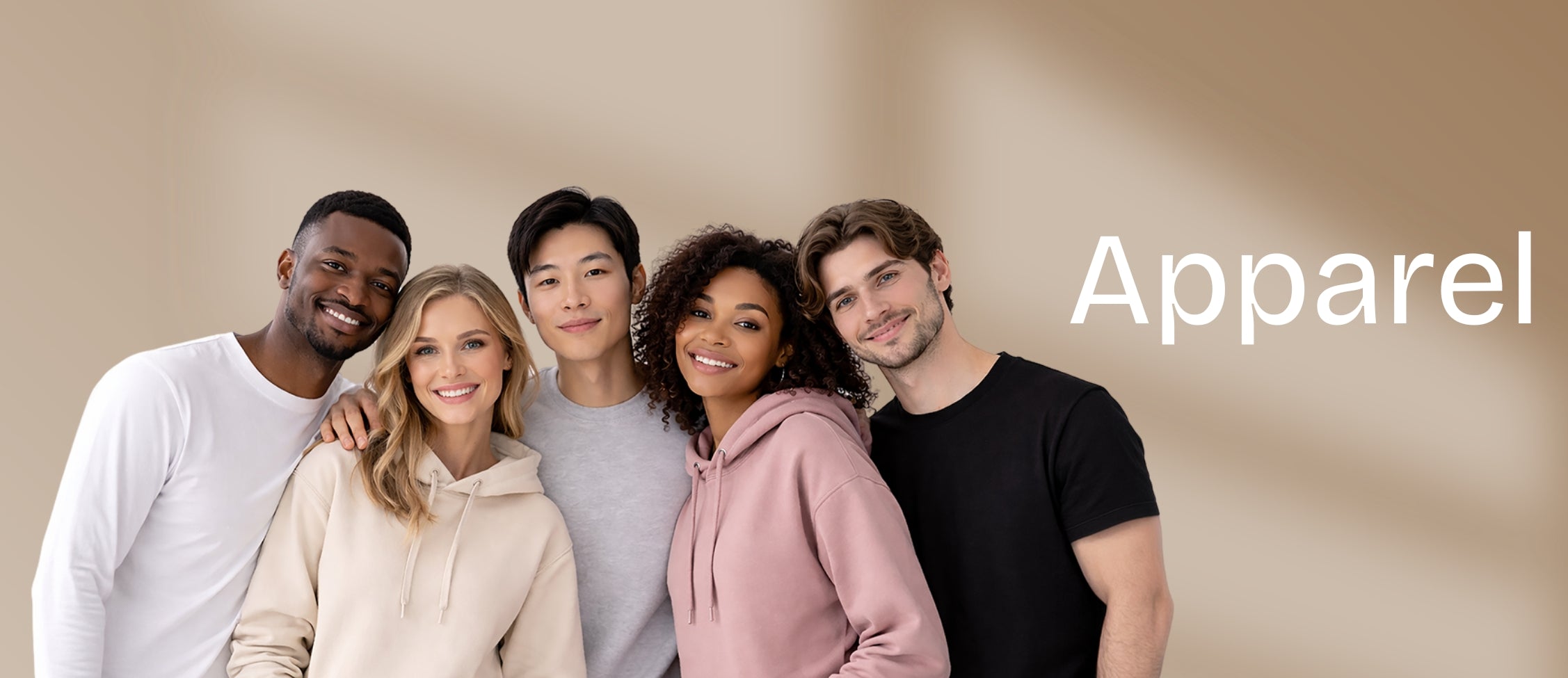 Five people standing together with the word 'Apparel' displayed on a beige background
