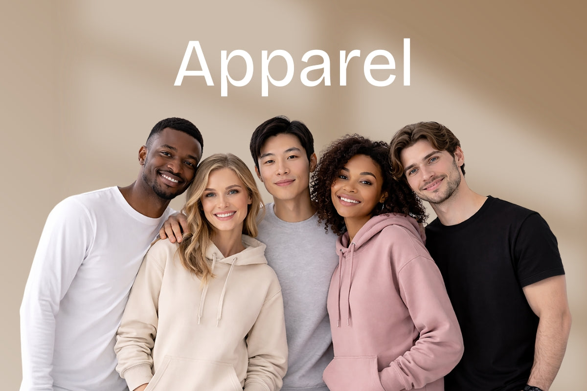 Five people posing together with the word 'Apparel' above them on a beige background