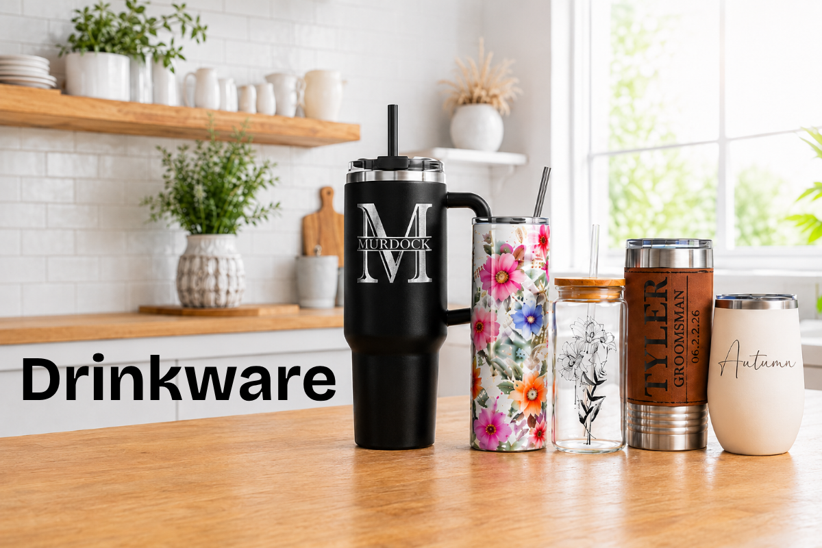 Collection of drinkware including tumblers and mugs on a kitchen counter with 'Drinkware' text.