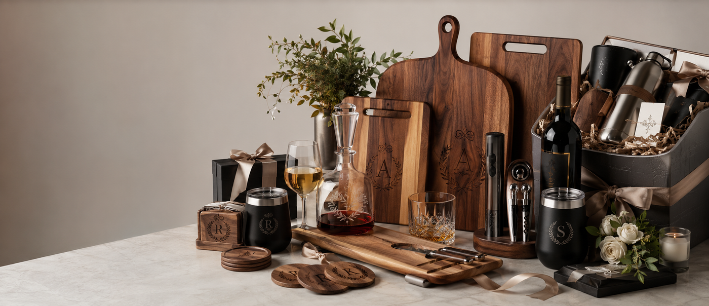 Assorted personalized gifts including engraved cutting boards and custom drinkware – Embedded Designz