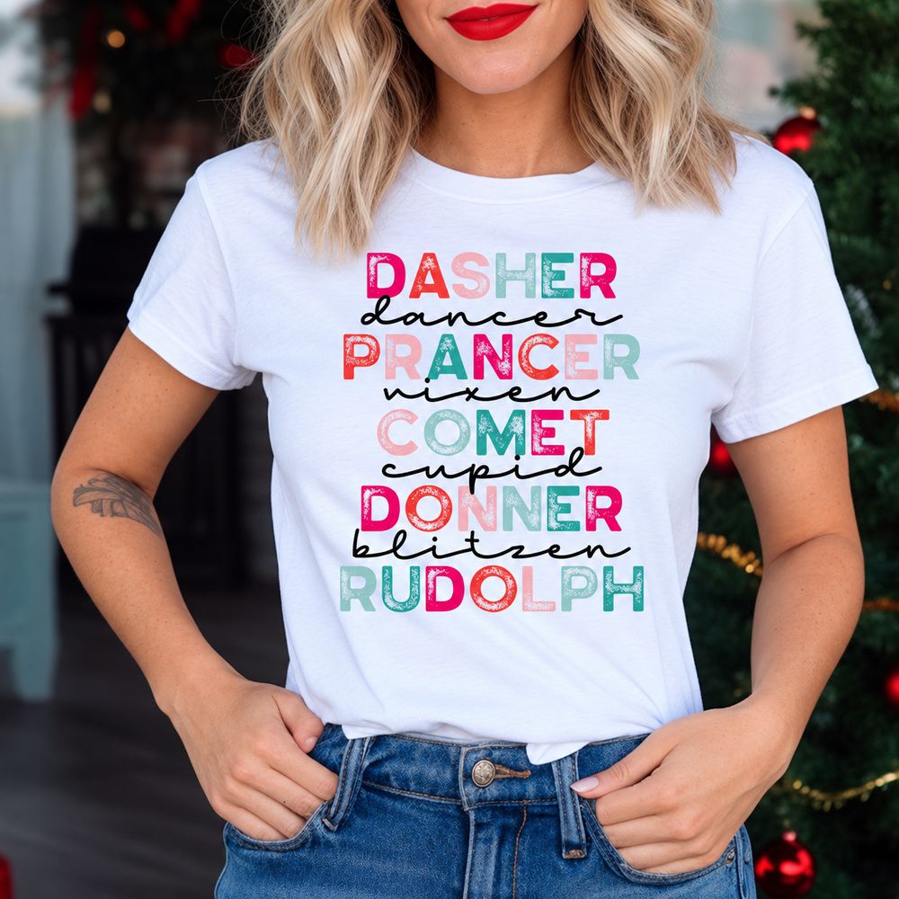 Digital mockup: close-up of a white tee with Dasher to Rudolph in colorful block letters and black script