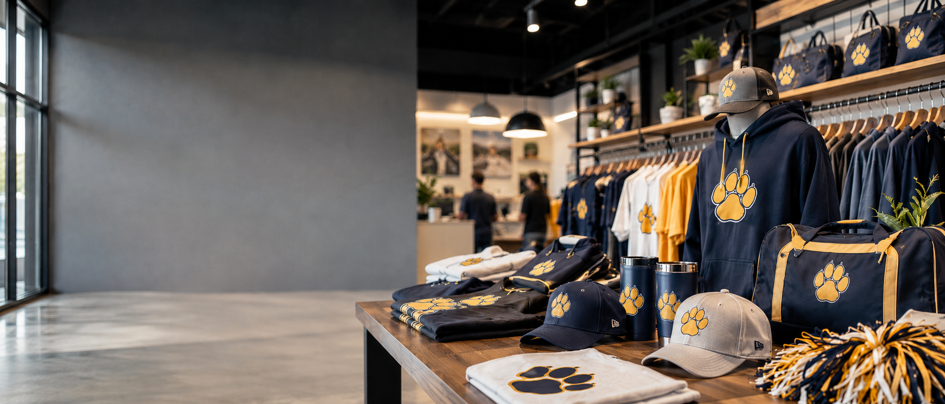 Display of sports team merchandise including hats, sweatshirts, and towels with logos in a store setting.