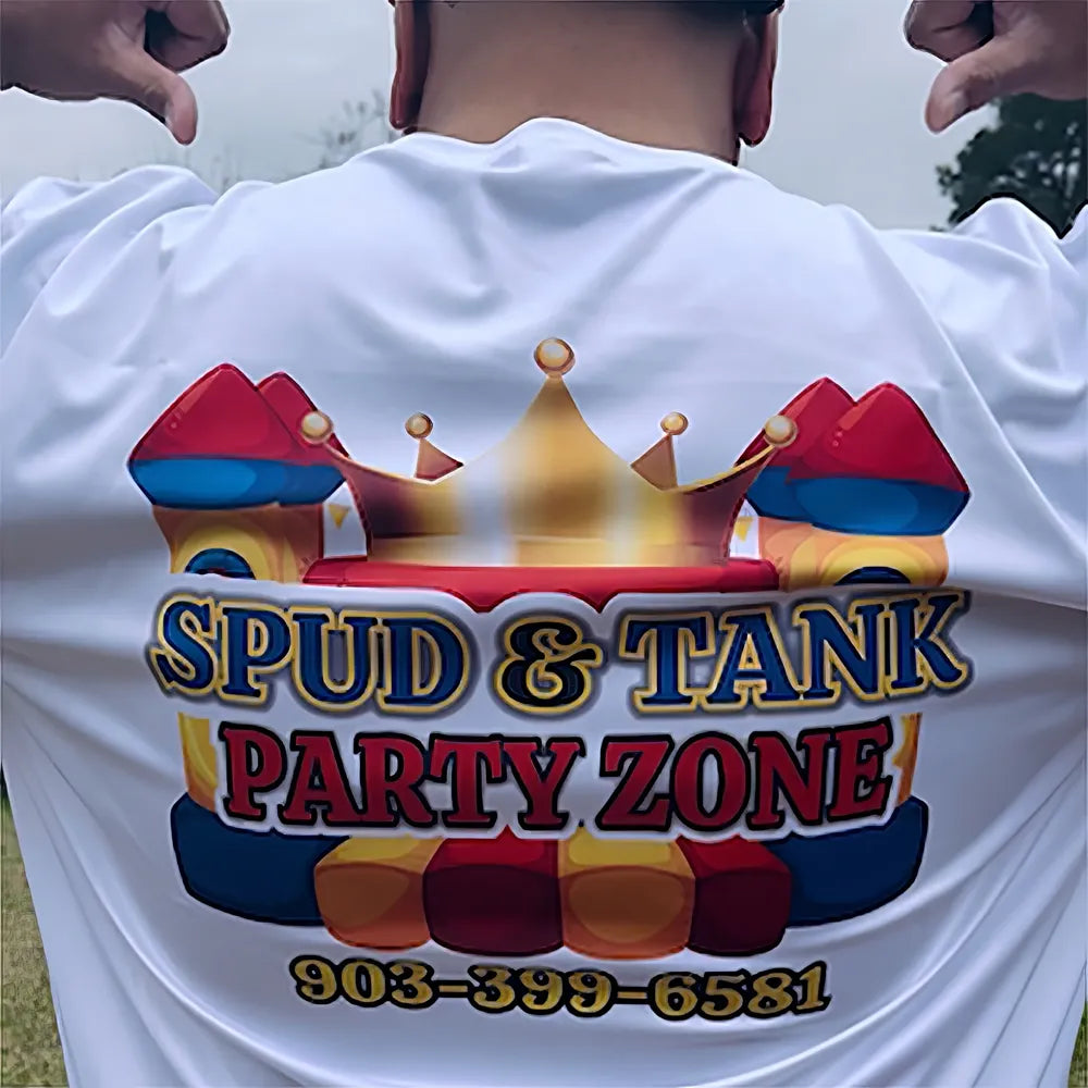 Customer wearing custom Bounce House Business shirt – DTG print by Embedded Designz