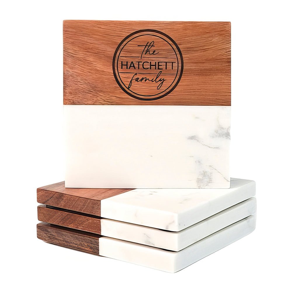 Personalized Acacia Wood & Marble Coaster Set | Embedded Designz