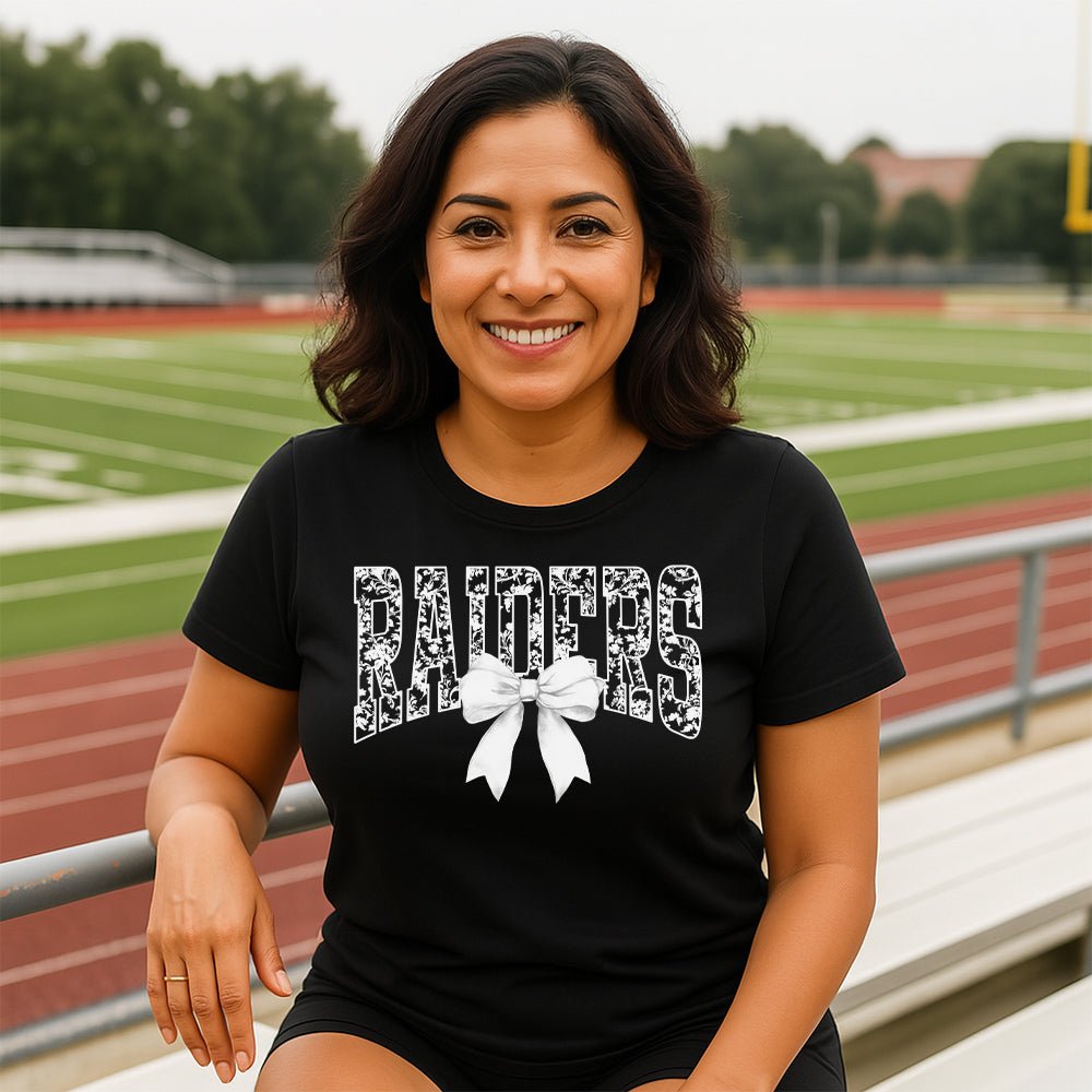 Raiders Lacey Tee – Lace Style Lettering + Bow | Embedded Designz