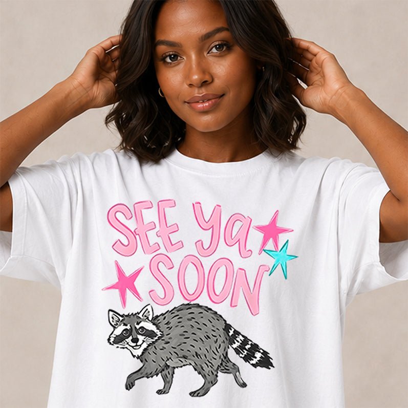 See Ya Soon Raccoon | Retro Front & Back Graphic T-Shirt | Embedded Designz