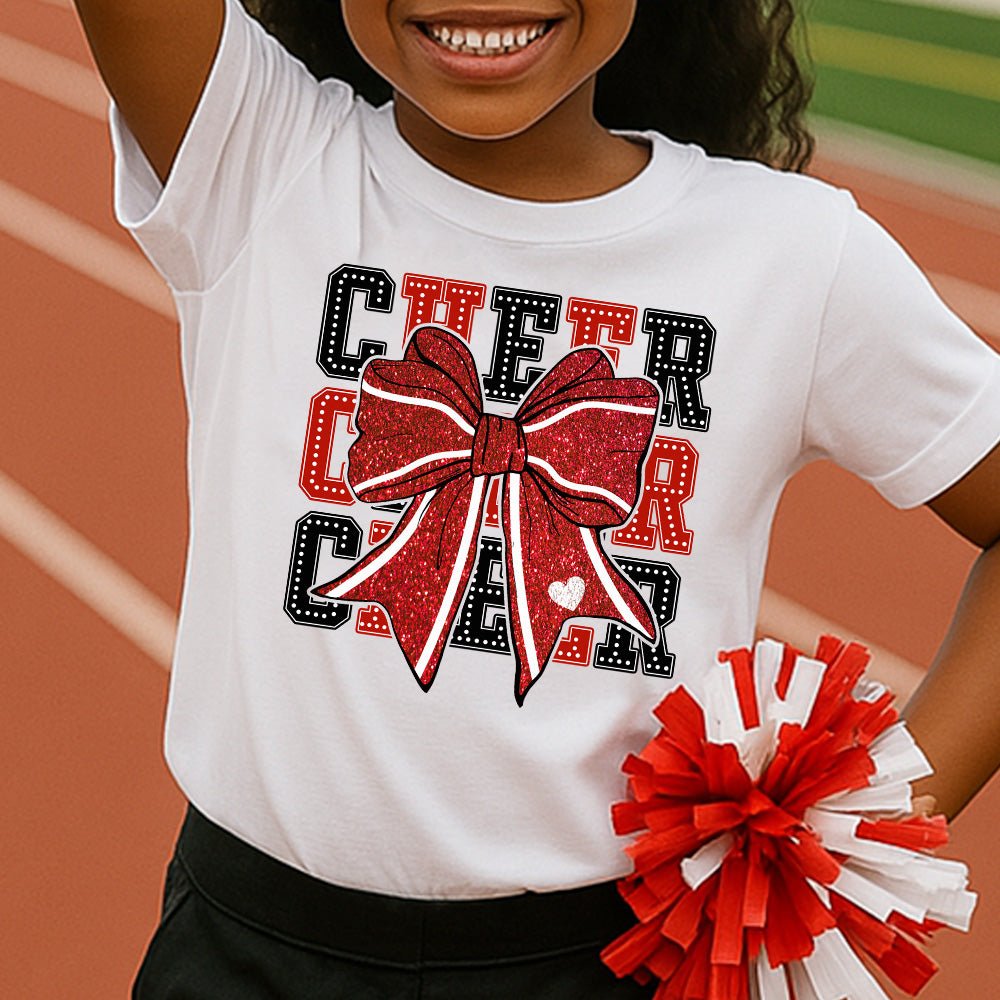 Triple Cheer Glitter Tee – Glittery Bow + CHEER Stack | Embedded Designz