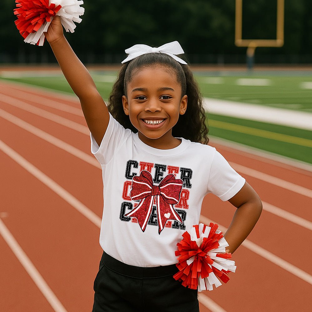 Triple Cheer Glitter Tee – Glittery Bow + CHEER Stack | Embedded Designz